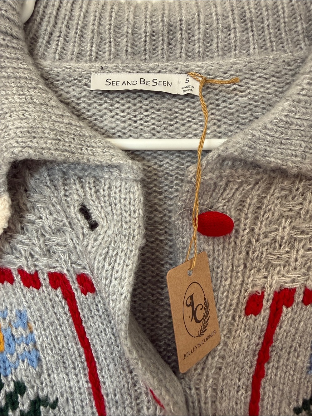 Grey Floral Knit Cardigan with Cream Ruffle Collar and Red Accents - Picture 2 of 2